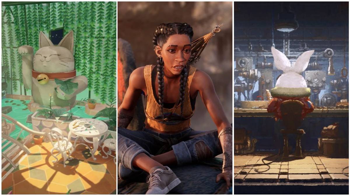Screenshots from April's Most Anticipated Video Games' Jumping Jazz Cats, South of Midnight and Rusty Rabbit.