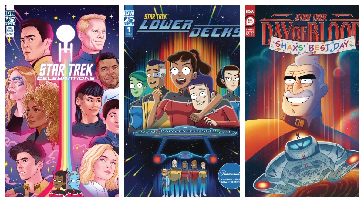L: Star Trek: Celebrations #1 featuring many Franchise characters with the Enterprise trailing a rainbow. C: Beta Shift over the Cerritos with the command crew below on the cover of Star Trek: Lower Decks (2024) #1. R: Shax's Best Day cover, featuring Shax beaming over an image of him standing atop the Defiant.