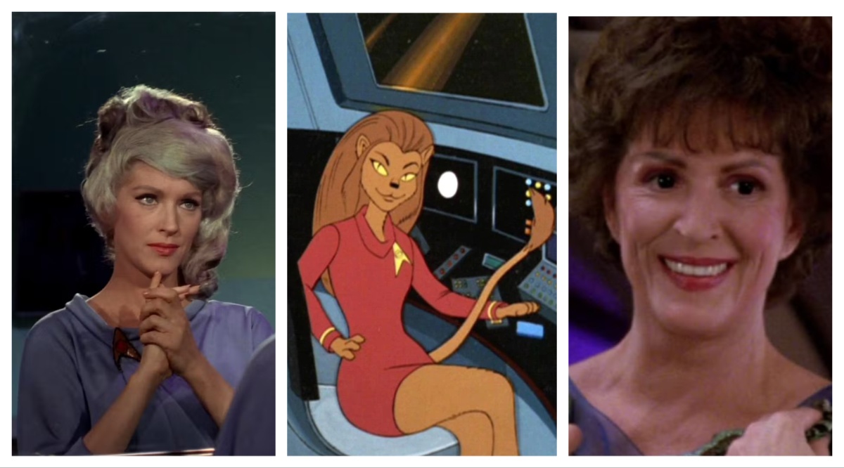 L: Nurse Chapel. C: M'Ress on the Enterprise bridge. R: Lwaxana.