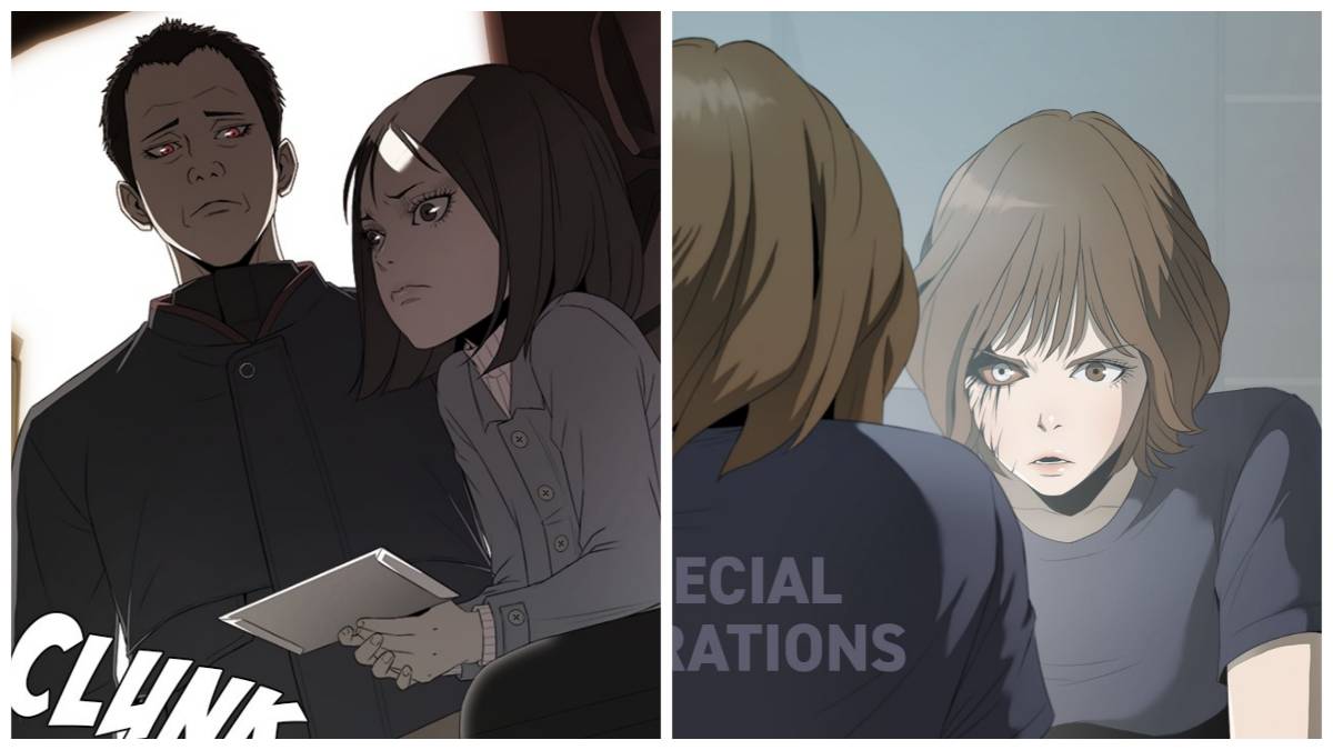 Eunji's dad standing outside the car window in The Killer's Shopping List and Saebom looking into the mirror with a mysterious mark on her face in Happiness on WEBTOON.