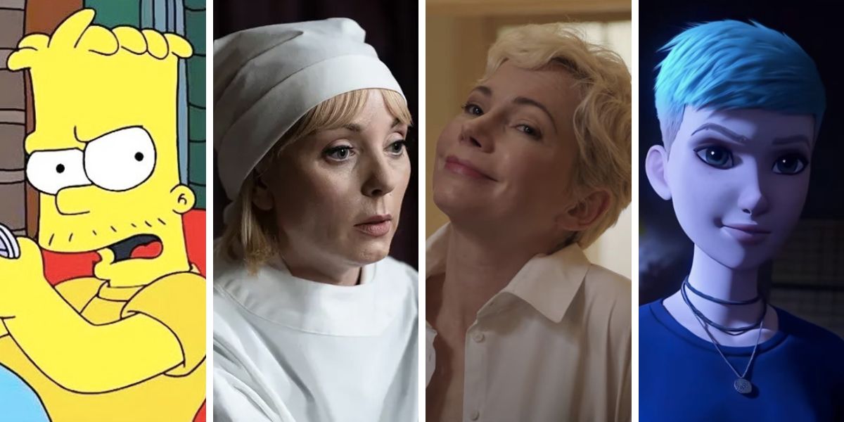 Collage with characters from "The Simpsons," "Call The Midwife," "Dying For Sex" and "Jurassic World: Chaos Theory."