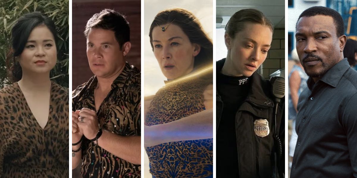 Collage with characters from "Control Freak," "The Righteous Gemstones," "The Wheel of Time," "Long Bright River" and "Adolescence."
