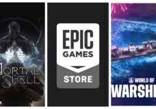 Left is Mortal Shell which shows a being holding a soldiers head as it glows. Middle is the Epic Games Store logo. Right is a large warship floating above a four and the World of Warships logo.