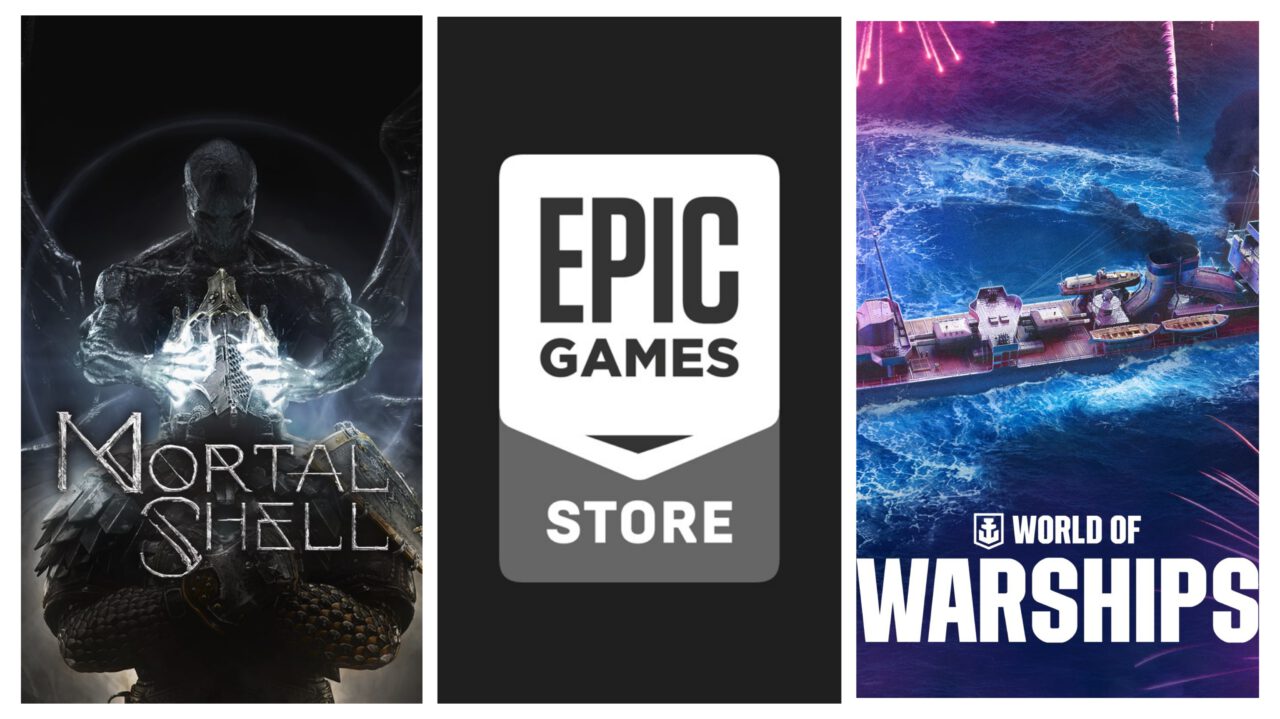 Left is Mortal Shell which shows a being holding a soldiers head as it glows. Middle is the Epic Games Store logo. Right is a large warship floating above a four and the World of Warships logo.