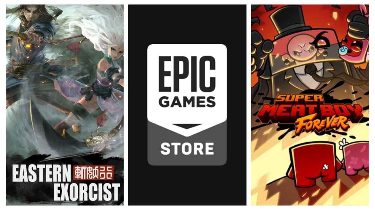 Left is the stylized cover art for Eastern Exorcist featuring two armed fighters. Middle is the Epic Games Store logo. Right is the cover art for Super Meat Boy Forever featuring Super Meatboy, Bandage Girl, Nugget, and Dr. Fetus.