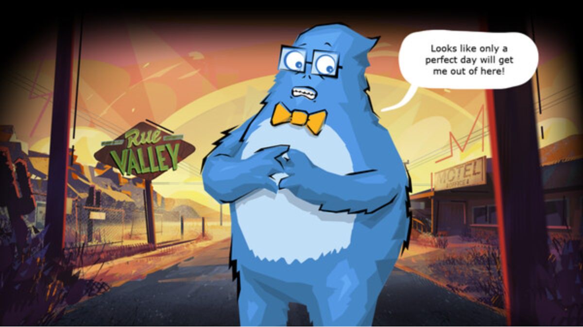 Blue yeti monster (Lars) with glasses and orange bowtie looking nervous (Awkward Valley)