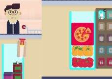 Illustrated man with brown hair at grocery checkout belt (left) clear plastic bag stacked with tomatoes, oranges and a pizza box (right) Checkout Champ