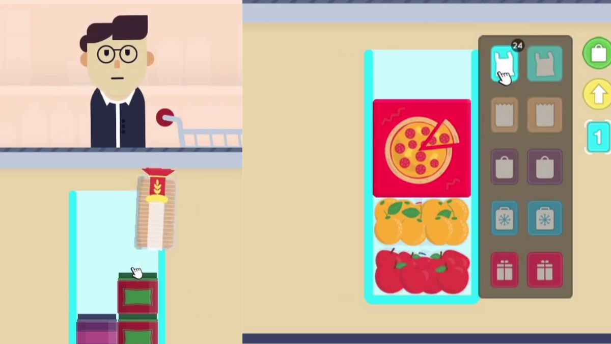 Illustrated man with brown hair at grocery checkout belt (left) clear plastic bag stacked with tomatoes, oranges and a pizza box (right) Checkout Champ