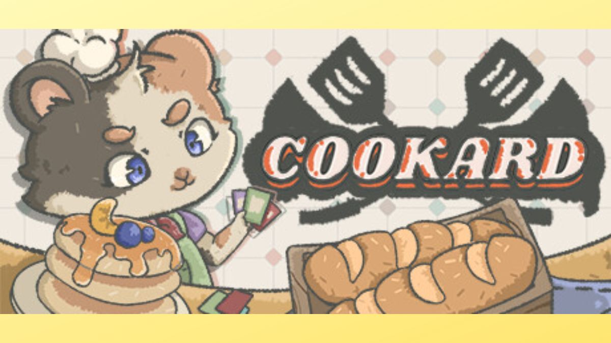 Illustrated chef cat with fruit topped pancakes and bread loafs (Cookard)