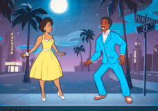 Belinda and the Doctor are animated while wearing 1950s dress and standing in Miami in 1952 at night on Doctor Who Season 2 Episode 2, "Lux."