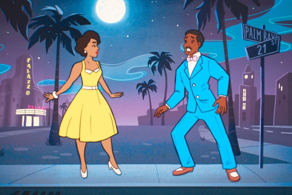 Belinda and the Doctor are animated while wearing 1950s dress and standing in Miami in 1952 at night on Doctor Who Season 2 Episode 2, "Lux."