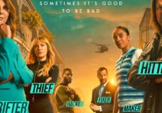 Key art for Season 3 of Leverage: Redemption showing Sophie, Parker, Hardison, Harry, Breanna, and Eliot posed with their roles (Grifter, Thief, Hacker, Fixer, Maker, Hitter) labeled. Behind them is a gold and blue sky, New Orleans buildings, a red food truck, and two helicopters