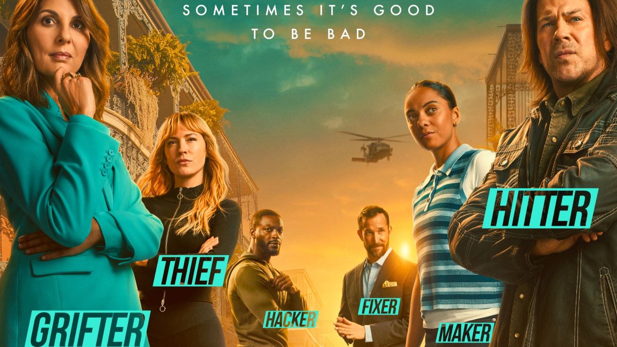 Key art for Season 3 of Leverage: Redemption showing Sophie, Parker, Hardison, Harry, Breanna, and Eliot posed with their roles (Grifter, Thief, Hacker, Fixer, Maker, Hitter) labeled. Behind them is a gold and blue sky, New Orleans buildings, a red food truck, and two helicopters
