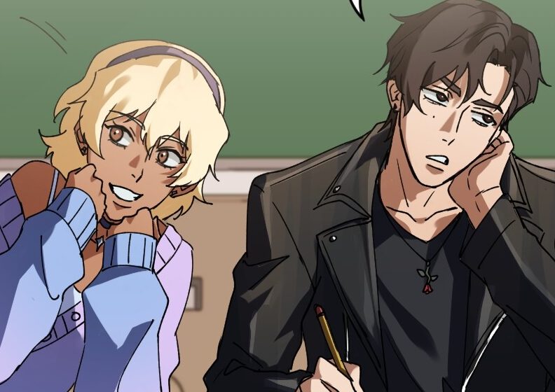 Kieran and his high school friend talking about the new kid in school in Love Bites, a WEBTOON original series.