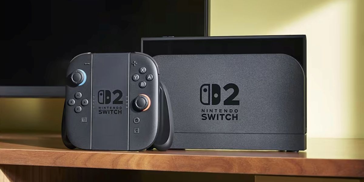 A photo of a Nintendo Switch 2 on a table in a living room.
