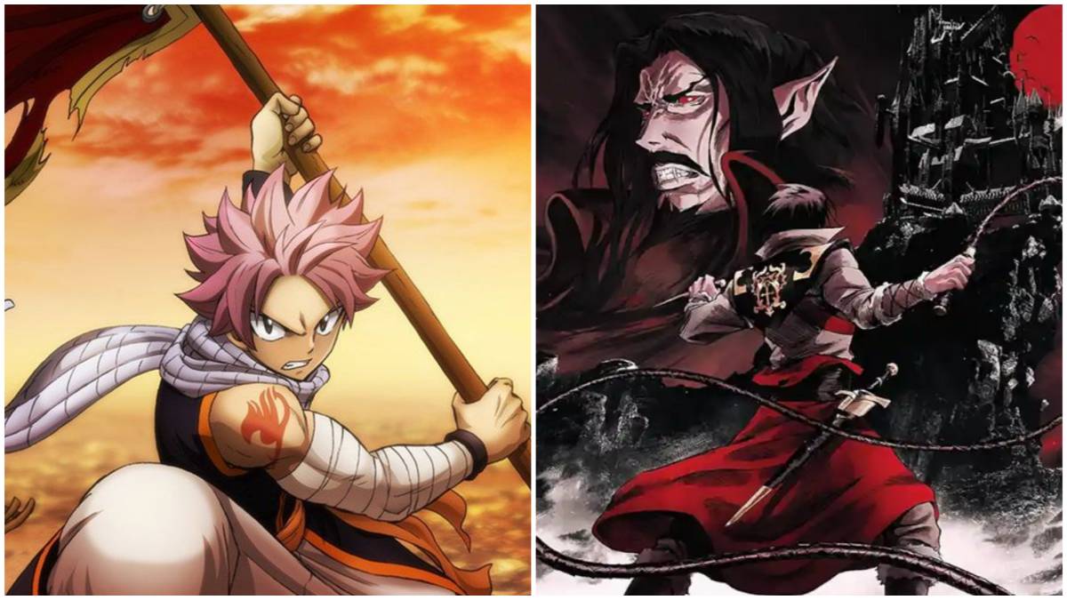 Natsu holding a flag in Fairy Tail next to Trevor looking up at Dracula in Castlevania.