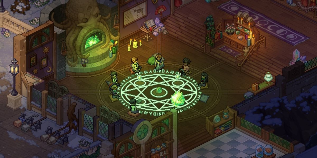 A still from the video game Witchbrook, featuring a glowing giant star in the middle of the floor.