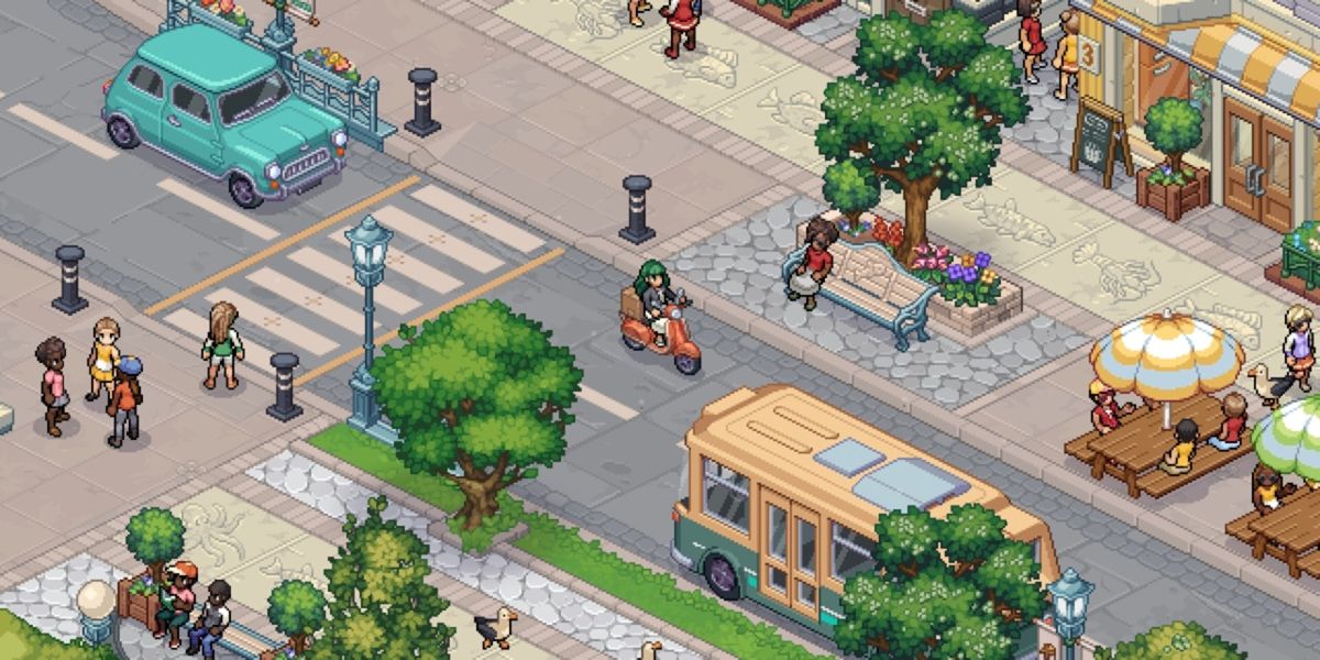 A still from the video game Witchbrook, featuring a busy street with passing vehicles.