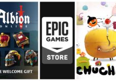 Left are examples from the Albion Online Welcome Gift including skins and resources. Middle is the Epic Games Store logo. Right are the unique and colorful characters from Chuchel.