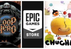 Left is the dark pixel style logo for Loop Hero. Middle is the Epic Games Store logo. Right are various colorful creatures from Chuchel trying to get a cherry.
