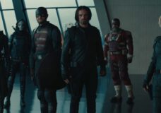 (L-R): Ghost (Hannah John-Kamen), Taskmaster (Olga Kurylenko), John Walker (Wyatt Russell), Bucky Barnes (Sebastian Stan), Alexei Shostakov/Red Guardian (David Harbour), and Yelena Belova (Florence Pugh) in Marvel Studios' THUNDERBOLTS*. Photo courtesy of Marvel Studios. © 2024 MARVEL.