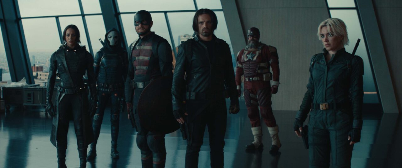 (L-R): Ghost (Hannah John-Kamen), Taskmaster (Olga Kurylenko), John Walker (Wyatt Russell), Bucky Barnes (Sebastian Stan), Alexei Shostakov/Red Guardian (David Harbour), and Yelena Belova (Florence Pugh) in Marvel Studios' THUNDERBOLTS*. Photo courtesy of Marvel Studios. © 2024 MARVEL.