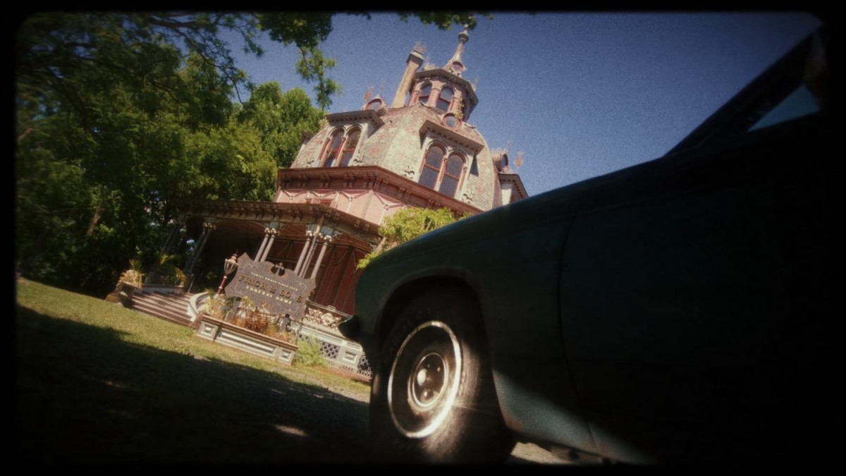 Upward perspective on the Armour-Stiner Octagonal House in Irvington, NY. Charlie Cale's Plymouth Barracuda is in the foreground. Poker Face 202 "Last Looks"