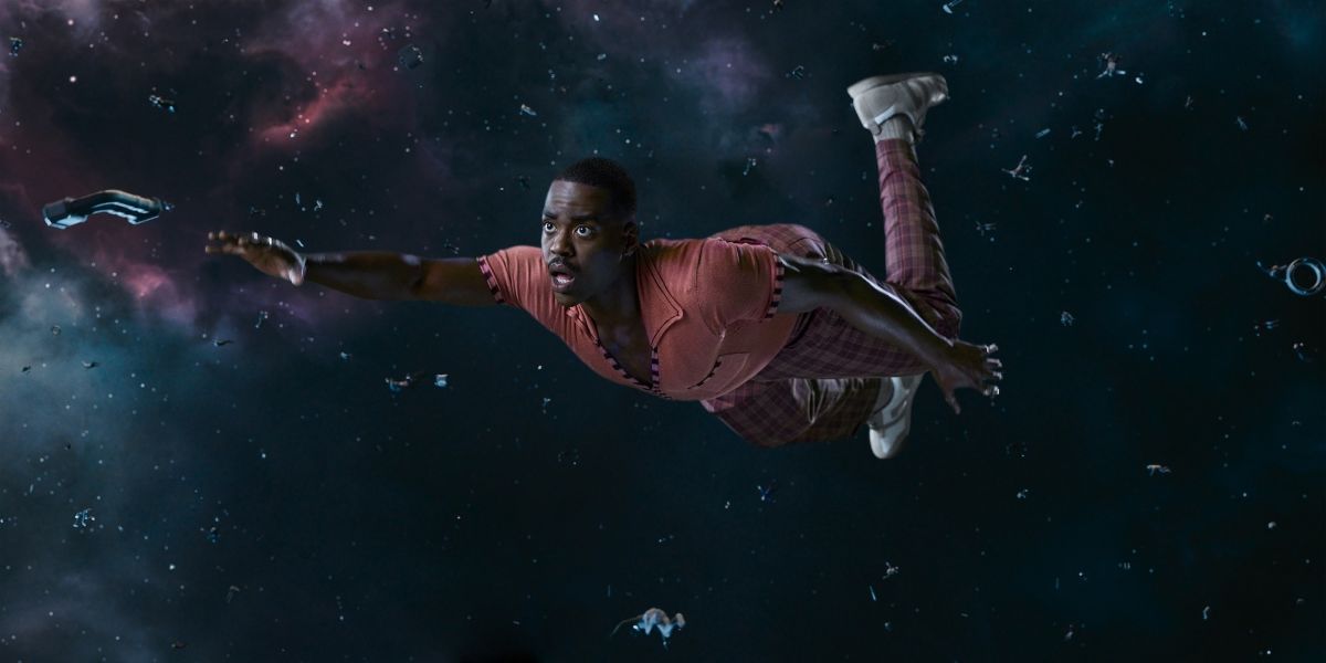 The Doctor floats in space on Doctor Who Season 2 Episode 6, "The Interstellar Song Contest."