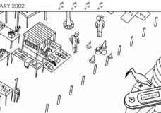 A black and white illustrated street fair food vender (Finding Father)