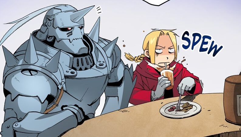 Al and Ed eating at a table as Ed spits his food out in the WEBTOON adaptation of Fullmetal Alchemist.