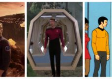 L: Trip visits the alien holodeck on Star Trek: Enterprise. C: Riker enters the Enterprise-D's holodeck on The Next Generation. R: Uhura and Sulu enter the rec room on The Animated Series.