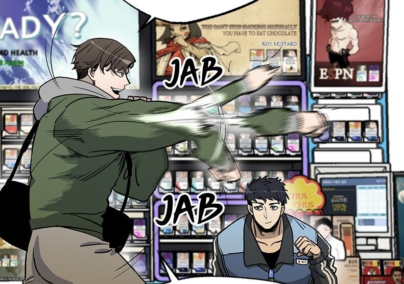 Hwiseong Lee watching his coworker throw punches in the store in the WEBTOON Original Series King of the Octagon.