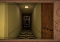 Long, dim hallways with checkered floor and microwave button menu on right side of screen (Midnight Snack)