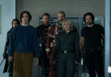 Hannah John-Kamen, Lewis Pullman, Wyatt Russell, David Harbour, Florence Pugh and Sebastian Stan stand in a row, staring at the camera in the movie Thunderbolts*.