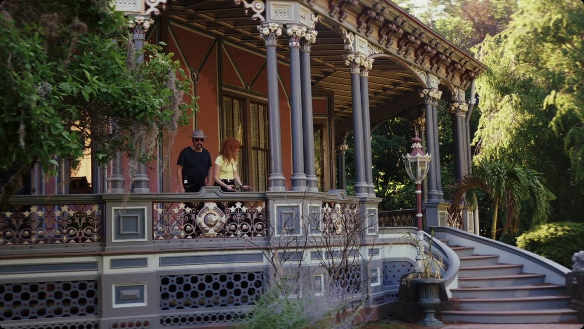 Charlie and Tommy on the veranda of The Armour-Stiner Octagon House in Irvington, NY. Poker Face 202 "Last Looks"