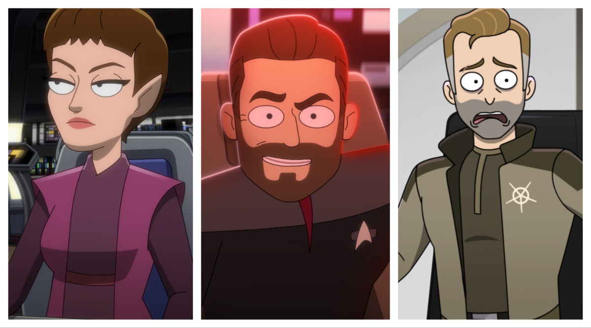 L: T'Pol. C: Riker. R: Locarno. All returning guest stars on Star Trek: Lower Decks.