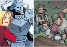 Ed and Al introducing themselves to the townfolk in Fullmetal Alchemist on WEBTOON next to the Locke siblings trying to hide from an attacker in Locke and Key on WEBTOON.