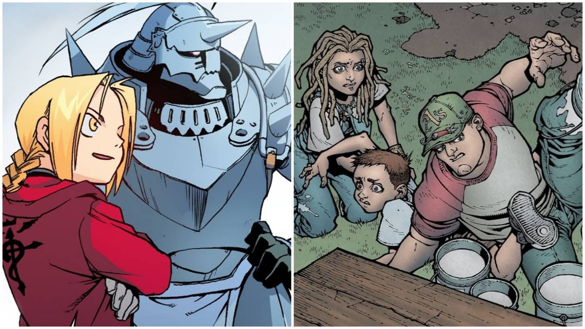 Ed and Al introducing themselves to the townfolk in Fullmetal Alchemist on WEBTOON next to the Locke siblings trying to hide from an attacker in Locke and Key on WEBTOON.