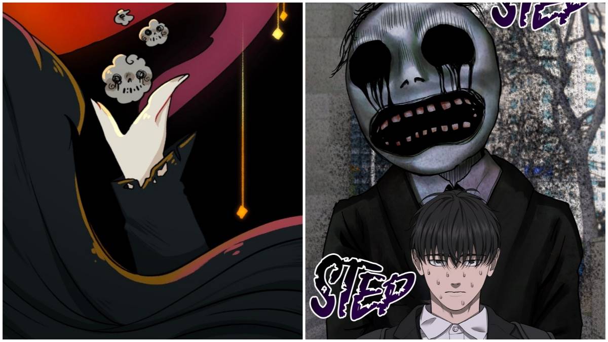 A mysterious figure in Funtime Phobia and Hyeon standing in front of a spirit in Why You Shouldn't Enter a Haunted House on WEBTOON.