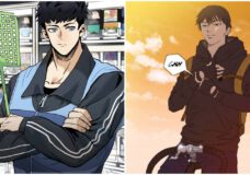 Hwiseong Lee standing with this arms crossed in King of the Octagon next to Jay zipping up his jacket getting ready to ride in Wind Breaker on WEBTOON.
