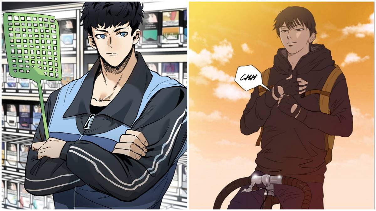 Hwiseong Lee standing with this arms crossed in King of the Octagon next to Jay zipping up his jacket getting ready to ride in Wind Breaker on WEBTOON.