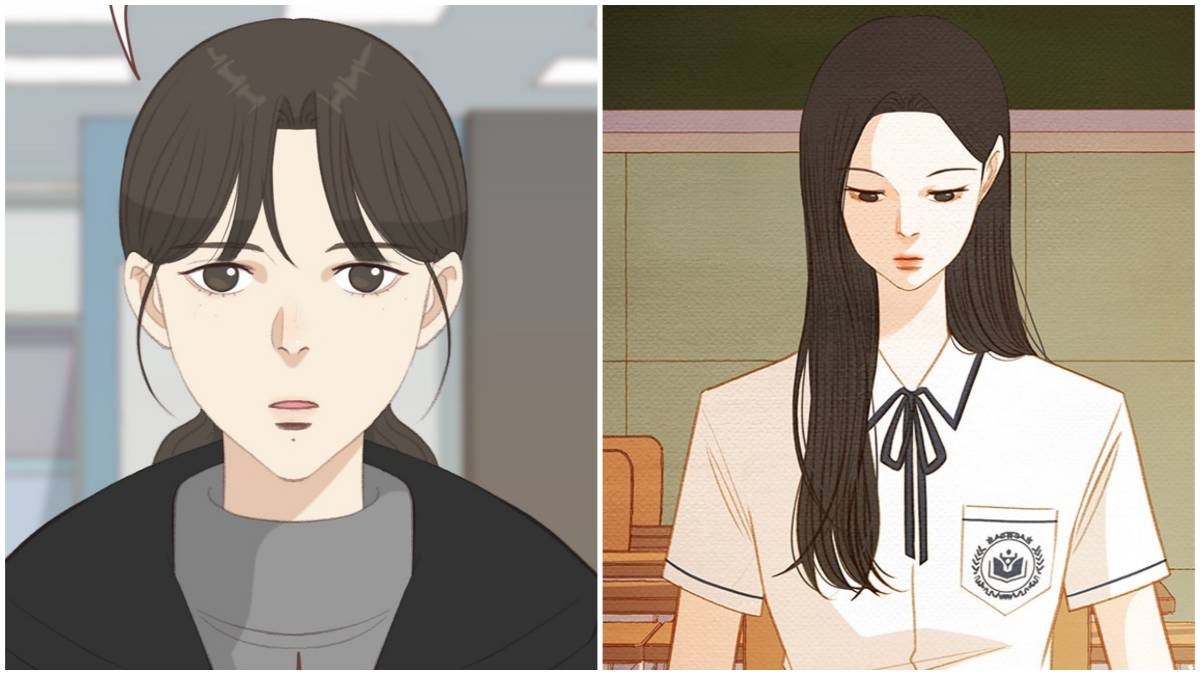 Haena at the bank closing out her account in the WEBTOON Original Series Winter Breeze and Yeonsu sitting at a desk reading in the WEBTOON Original series Our Beloved Summer.