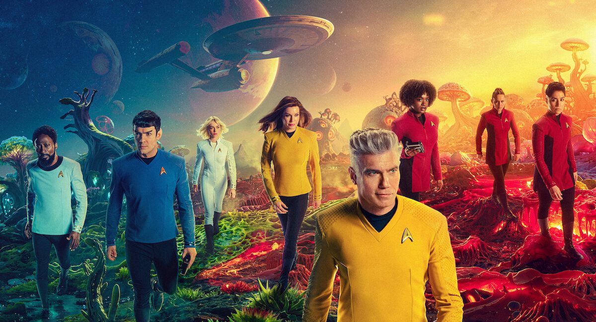 M'Benga, Spock, Chapel, Number One, Pike, Uhura and Ortegas on the surface of (several?) sci-fi planets. The Enterprise can be seen in the background. For Star Trek: Strange New Worlds Season 3.