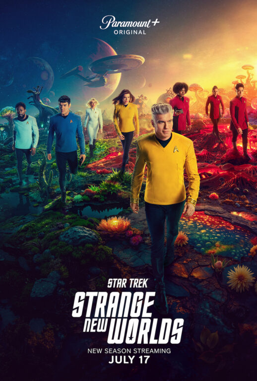 M'Benga, Spock, Chapel, Number One, Pike, Uhura and Ortegas on the surface of (several?) sci-fi planets. The Enterprise can be seen in the background. For Star Trek: Strange New Worlds Season 3, debuting on Paramount+ on July 17.