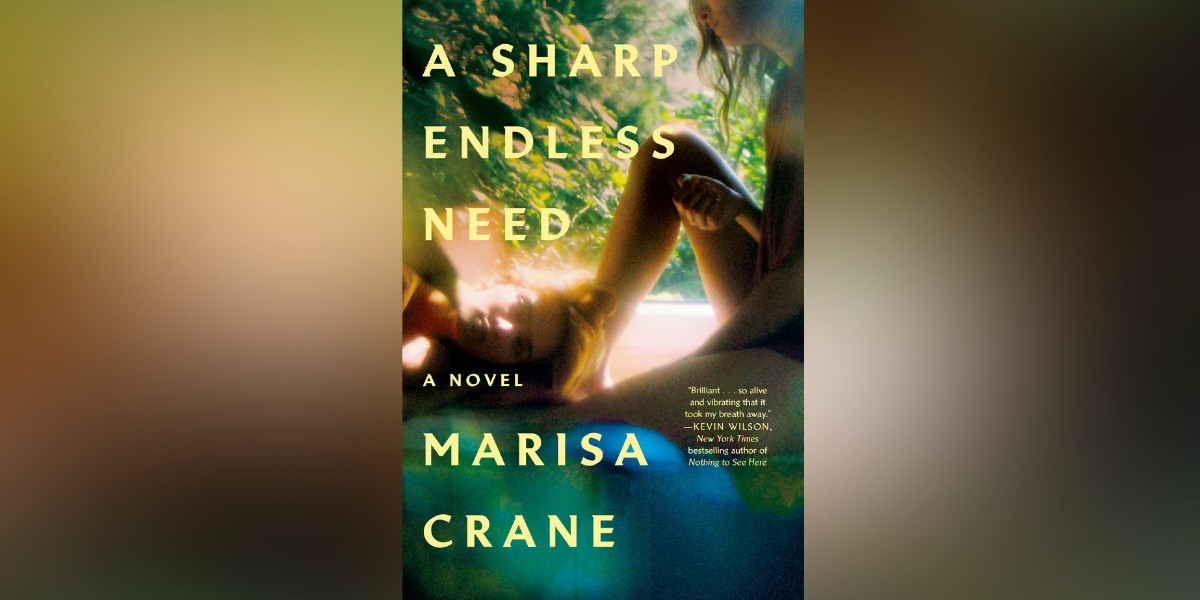 The cover of A Sharp Endless Need is a blurred photograph of two teens sitting outdoors, surrounded by greenery with sunlight filtering through. The teens are not in sharp focus, and their features are indistinct, making everything look fuzzy and dreamllike.