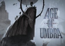 The title card and art featuring a mountain with adventurers on it for Age of Umbra.