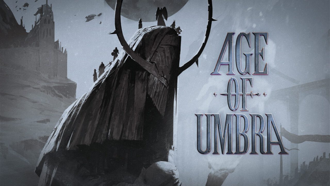 The title card and art featuring a mountain with adventurers on it for Age of Umbra.