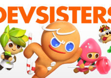 Several cute gingerbread cookies charge forward underneath the Devsisters logo.