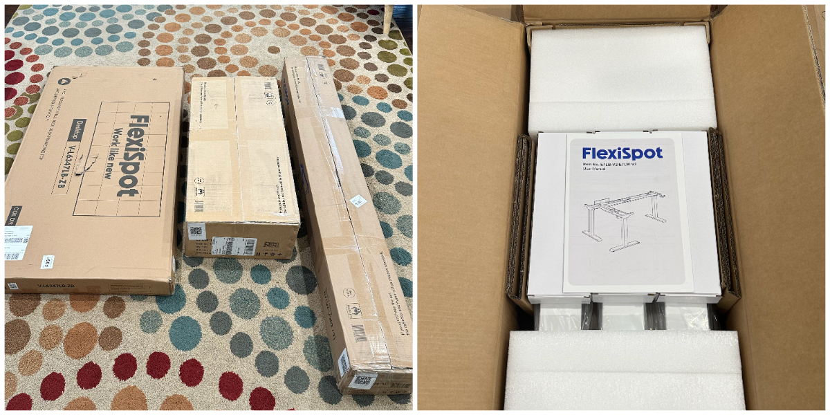a collage of two images showing the boxes that a flexispot desk comes in