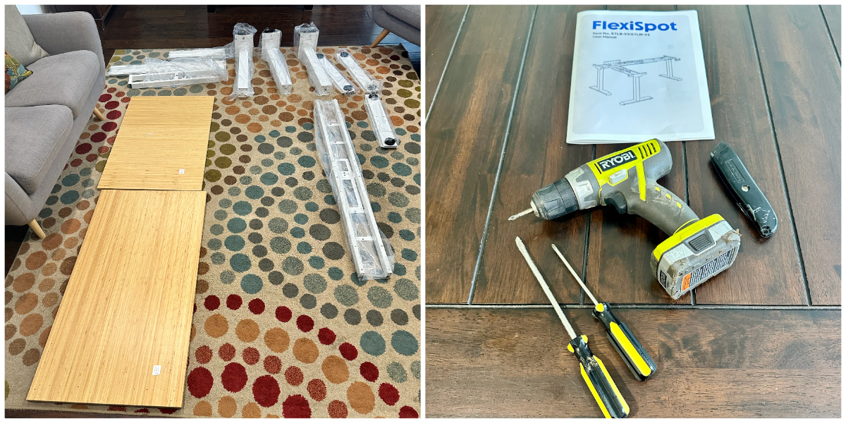 a collage of two images that show the parts of furniture before it is assembled